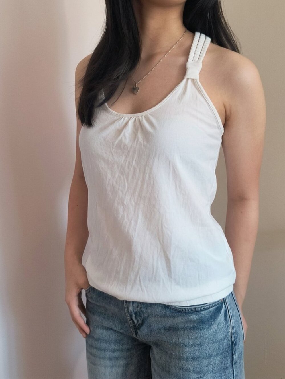 Vintage Forever 21 Women's White, Black & Blue Braided Spaghetti Strap Tank Top